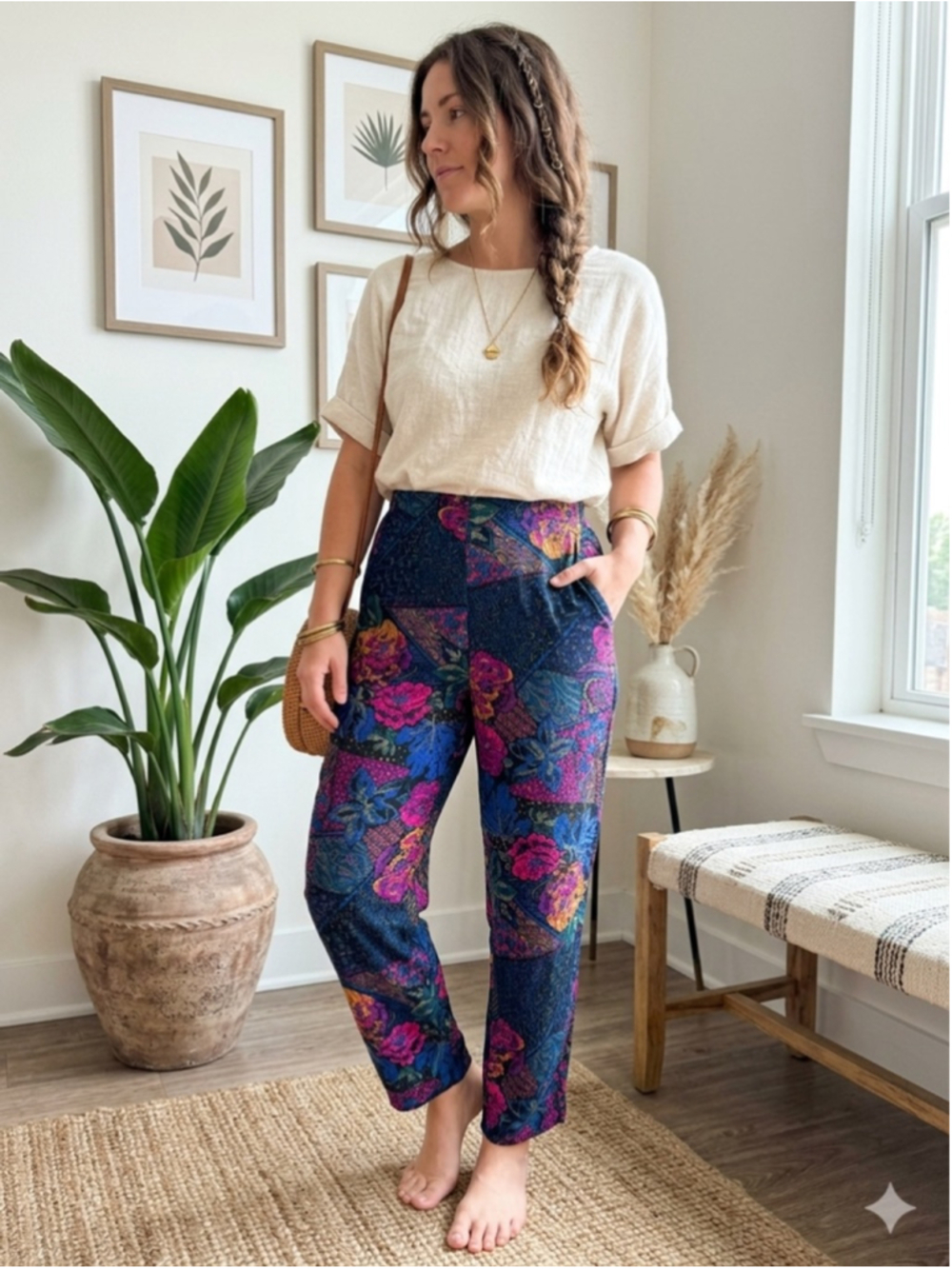 VTG D.K. Gold High Waisted Floral Boho Tapered Pants Size 14 Made in USA Pockets